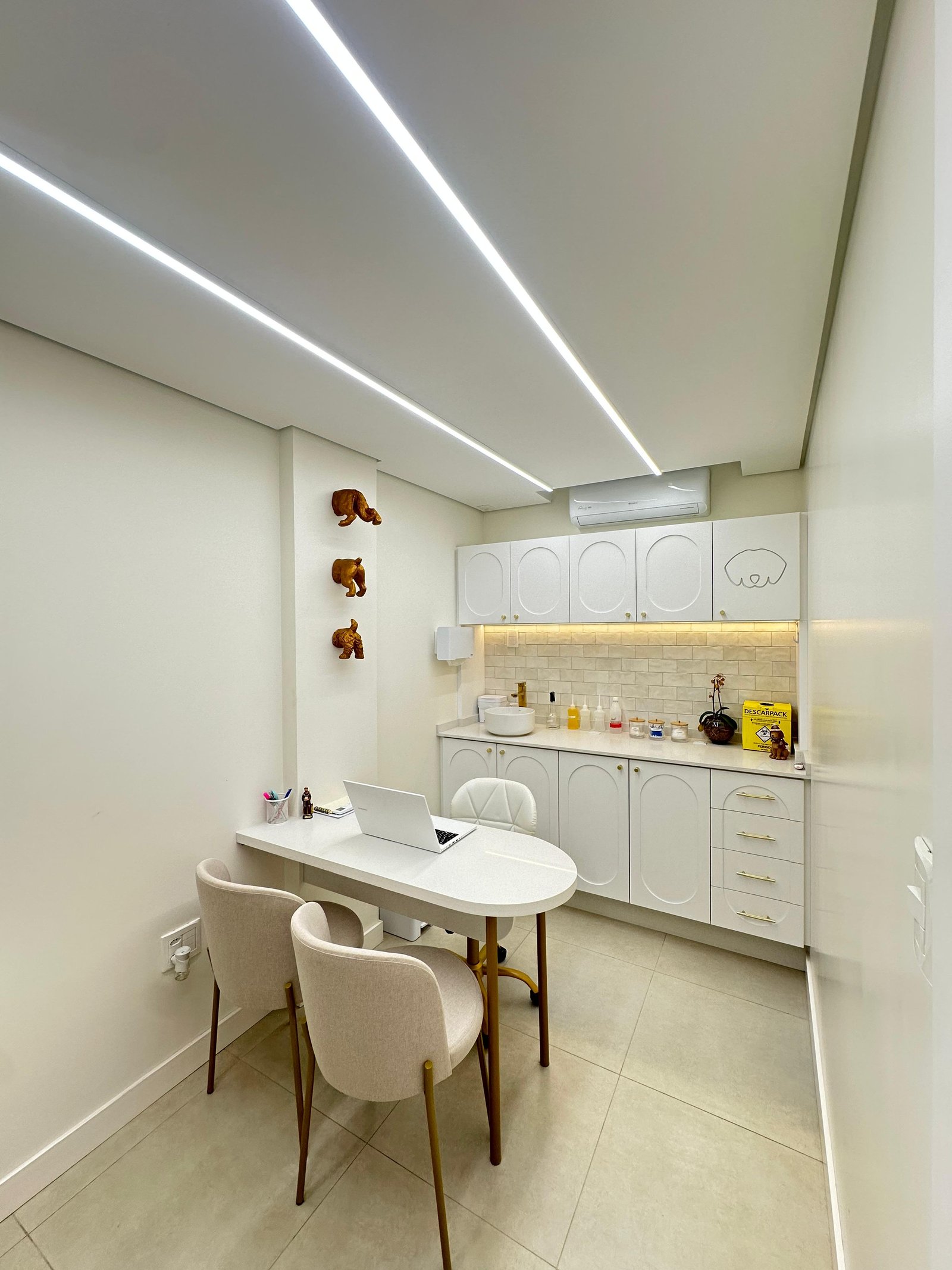 Consultório da Alluvie com mesa de atendimento, cadeiras e bancada clínica.