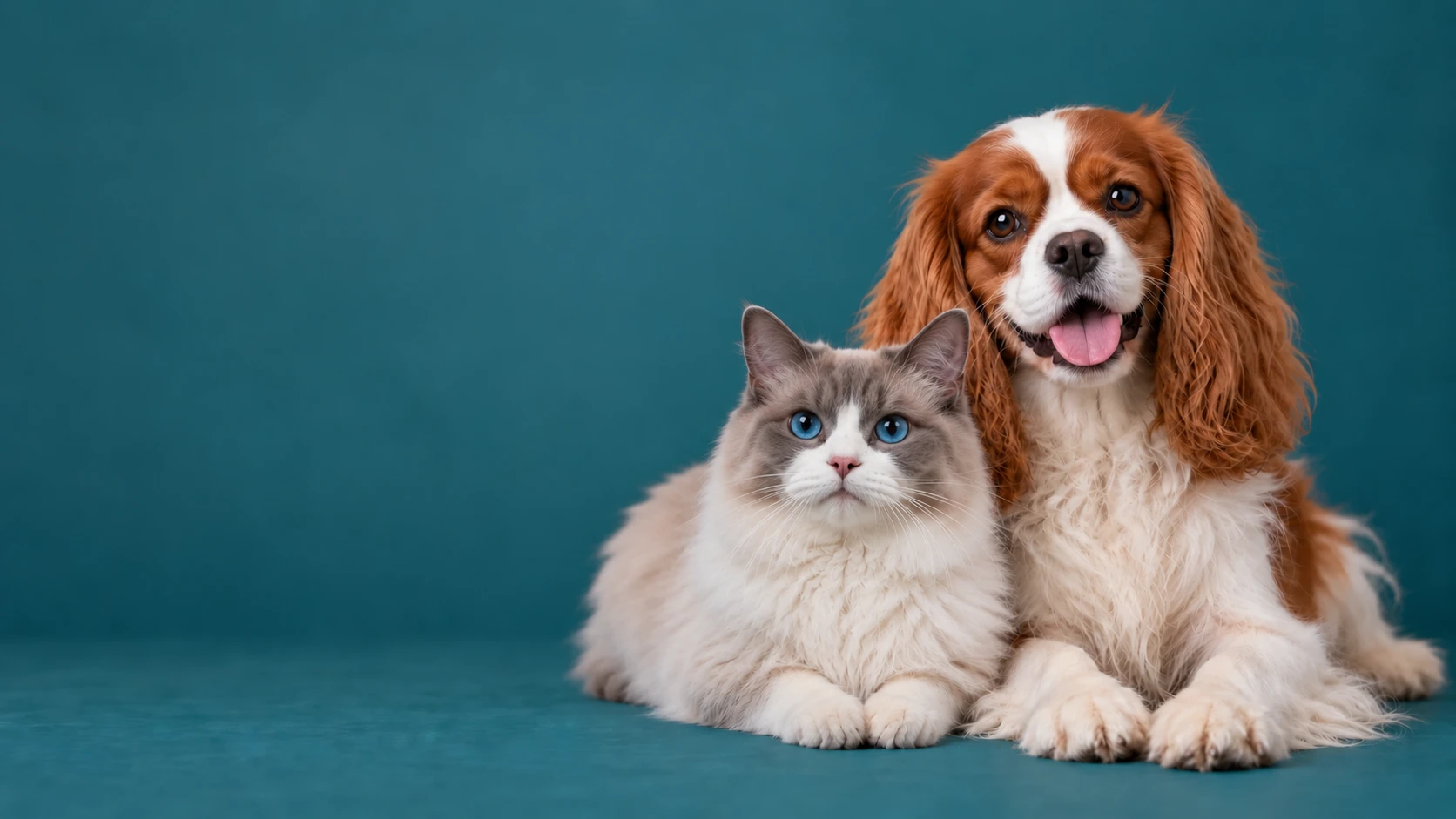 Um Cavalier King Charles Spaniel e um Ragdoll de olhos azuis lado a lado
