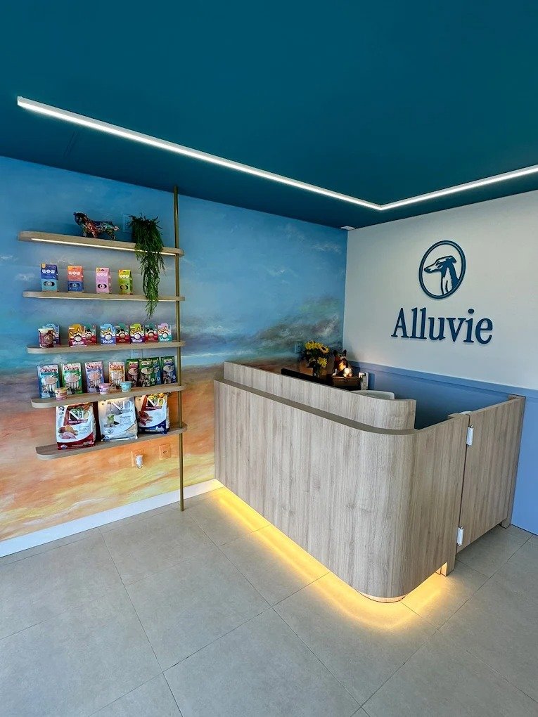 Balcão da recepção da Alluvie com iluminação dourada e prateleiras de produtos.
